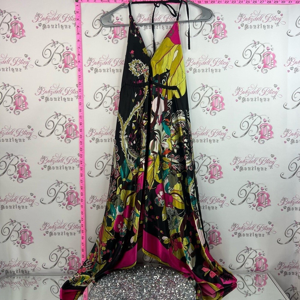 Seduction dress flowy shiny Halter Floral Maxi Dress in Black, Hot Pink & Lime